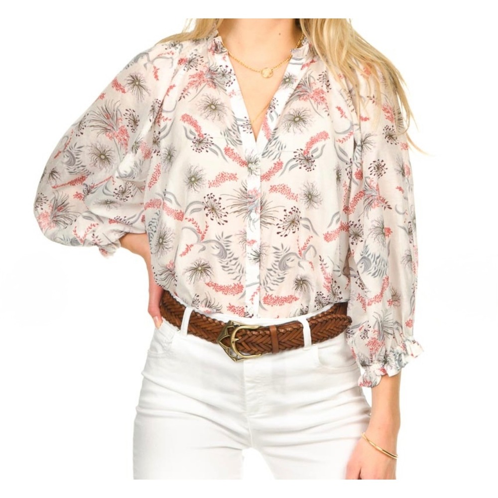 Magali Pascal Cotton Silk Floral Blouse V Neck Oversized Button Up Small Boho